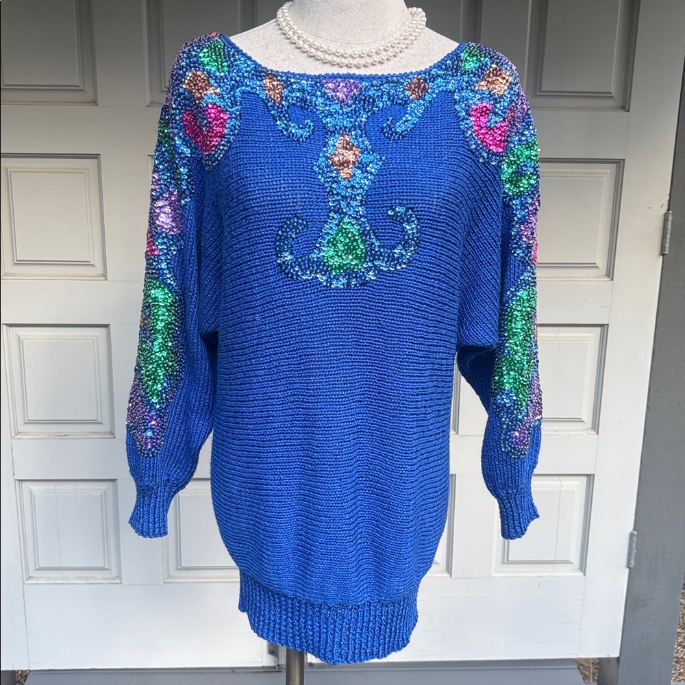Vintage Nanell Blue Knitted Colorful Sequin Sweater